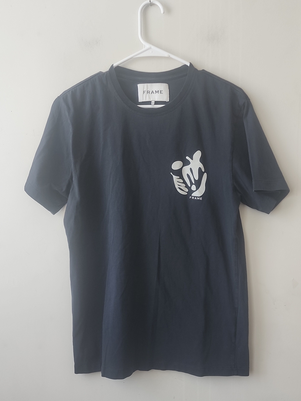 Frame Denim Navy Short Sleeve Tee with White Abstract Logo. New Without Tag